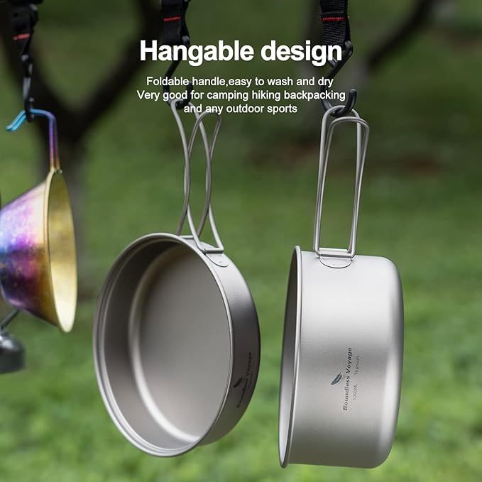 iBasingo Backpacking Cookset Titanium Camping Pots Set Ultralight Outdoor Picnic Pots Pans with Folding Handle Druable Portable Cooking Mess Kit Compact Picnic Dishes Bowls Cups (Multiple Sizes)