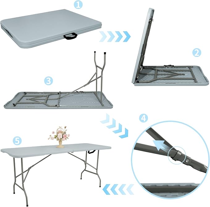 Set of 2 Folding Table 5 FT Camping Table Portable Heavy Duty Plastic Rectangular Outdoor Dining Table Steel Legs Fold-in-Half with Carrying Handle for Indoor,Picnic,Party,Wedding,Events(Grey)