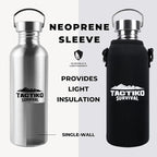 Tactiko Survival 34 oz/1000 ml Stainless Steel Wide Mouth Water Bottle, Single Wall Boil-Safe, Leakproof, BPA-Free with Carry Sleeve and Strap for Camping, Hiking, Outdoor Prep (Black)