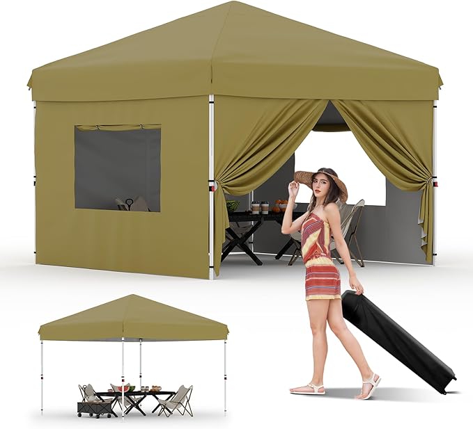 Pop-Up Canopy Tent with 4 Sidewalls – Portable Instant Commercial Canopy, Includes 4 Stakes, 4 Ropes & 4 Sandbags – Perfect for Farmers' Markets, Patio, Camping & Outdoor Events,Khaki