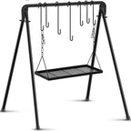 Campfire Swing Grill Stand Adjustable Campfire Cooking Equipment Camping Accessories Cookware Hanging Rack with 8 Hooks and Portable Grill Stand for BBQ Picnic Outdoor Party