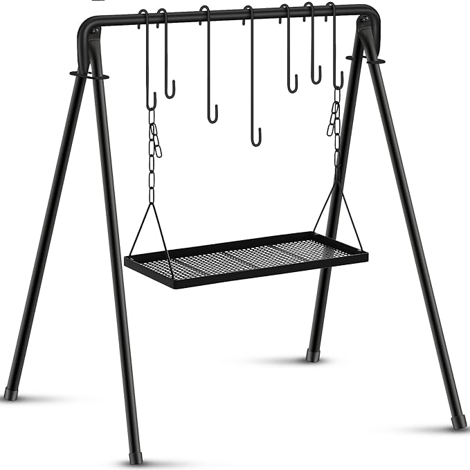 Campfire Swing Grill Stand Adjustable Campfire Cooking Equipment Camping Accessories Cookware Hanging Rack with 8 Hooks and Portable Grill Stand for BBQ Picnic Outdoor Party