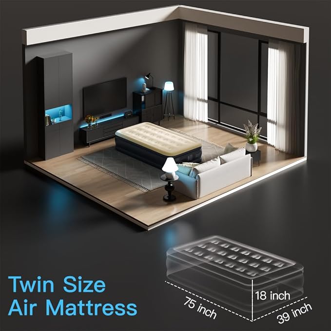 Twin Air Mattress with Built-in Pump,Fast & Easy Inflation/Deflation Inflatable Mattress, Foldable Blow Up Mattress with Storage Bag, Inflatable Bed for Home, Camping & Guests,18"/550lbs Max