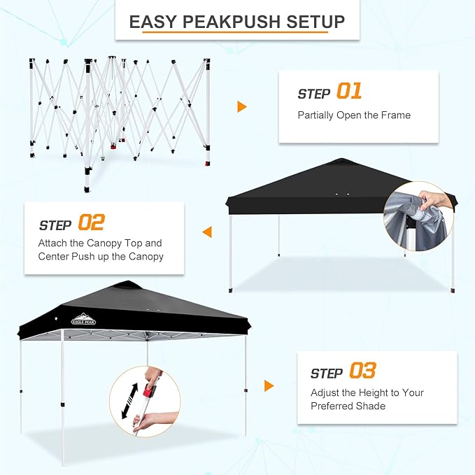 EAGLE PEAK Pop Up Canopy Tent with Wheeled Carry Bag, 8 Stakes, 4 Ropes, 4 Weight Bags, Easy Set Up Tent Canopy, 12x12 ft, 144sqft of Shade, Black