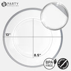 PARTY BARGAINS 13-Inch Charger Plates - 8 Pack, Clear Silver Rim, Heavy-Duty Disposable Chargers for Elegant Dining - Ideal for Weddings and Formal Events