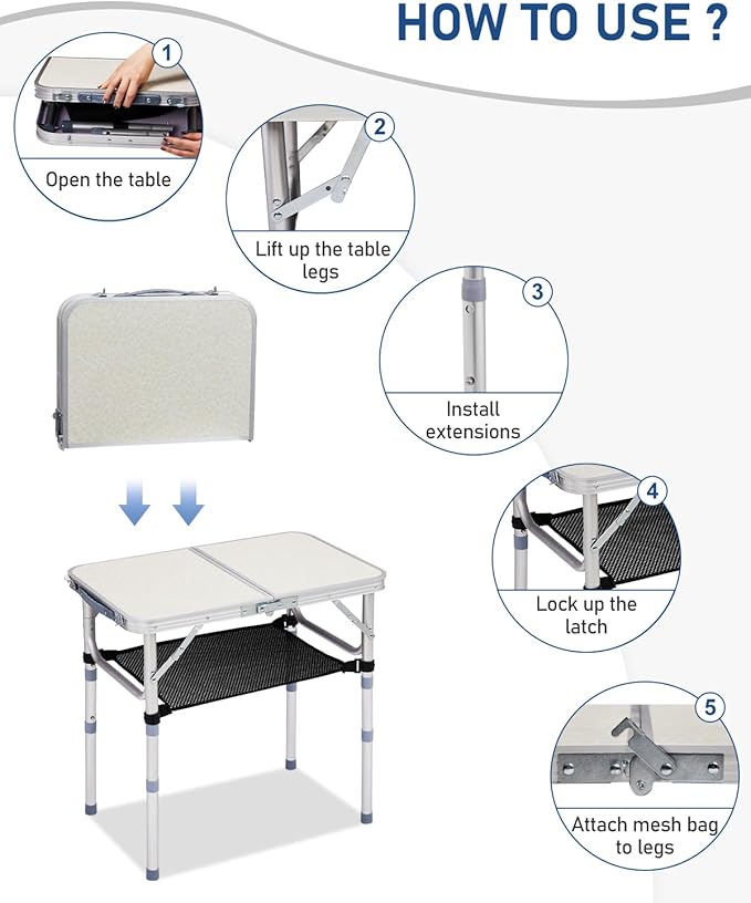Outvita Folding Table, 2FT Aluminum Camping Table with Storage Adjustable Height Picnic Table Lightweight for Carring Outdoor Party Events Beach