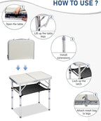 Outvita Folding Table, 2FT Aluminum Camping Table with Storage Adjustable Height Picnic Table Lightweight for Carring Outdoor Party Events Beach