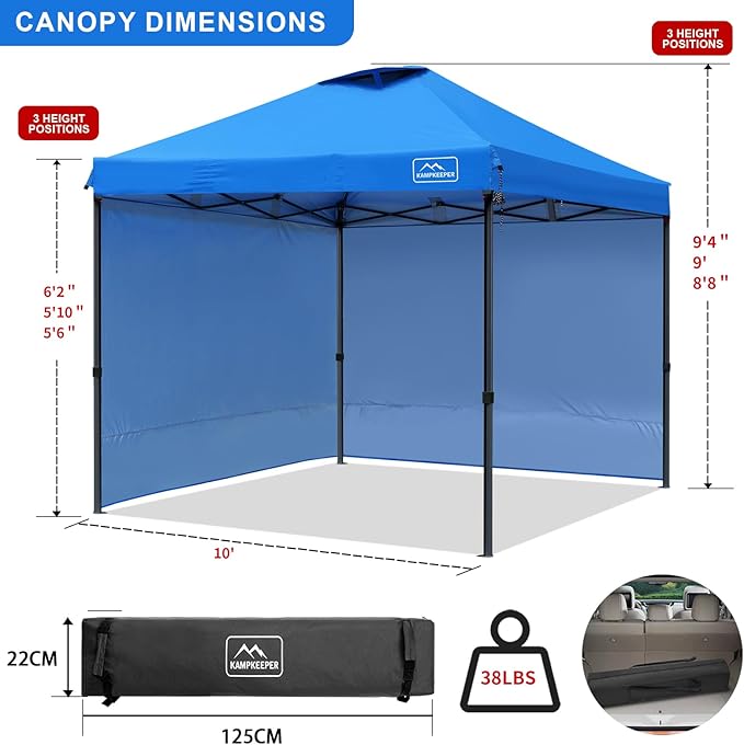 KAMPKEEPER 10x10 Pop-Up Canopy Tent, Waterproof, Portable Shade with Side Walls, Adjustable Instant Outdoor Shelter for Camping, Backyard, and Events, Blue