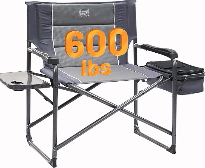 Timber Ridge XXL Oversized Directors Chair 600lbs - Heavy Duty Camping Chair with Cooler Bag & Table, Portable Folding Chair with Wide Seat for Tailgating, Patio, Outdoor - Grey