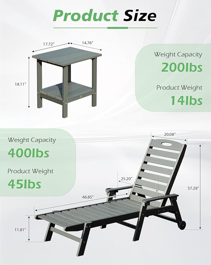 Domi Outdoor Chaise Lounge Chair with Table, HDPE Outdoor Lounge Chair with Reclining Backrest, Patio Chaise Lounger for Poolside, Outside Sunbathing Tanning, Grey