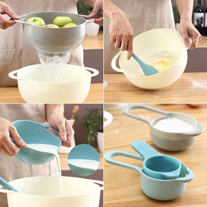 Plastic Mixing Bowls - Multicolored Mixing Bowl Set of 8, Nest for Easy Storage, Inculding Measuring Cups, Colander, Sifter, Large Bowl, Great for Cooking and Baking, Rv Camping Accessories, No BPA