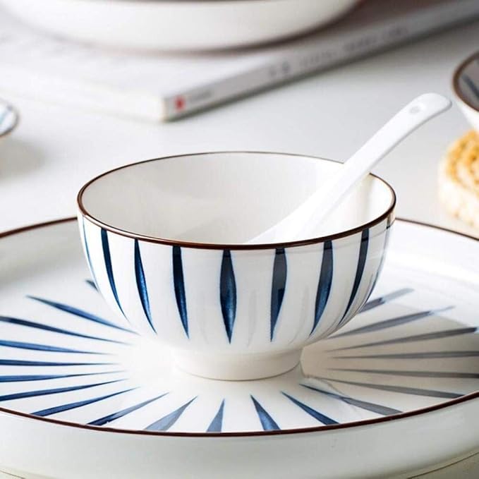 Pottery Tableware,Blue Printed Ceramic Dinnerware Sets Porcelain Combi-Set Dinner Plates Dessert Plates Cereal Bowls Salad Bowls