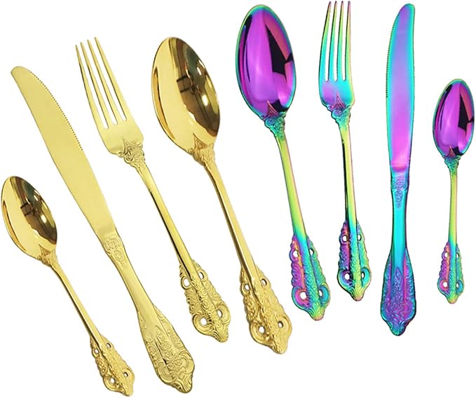 Silverware Flatware Cutlery Set， 4/16/24/32/40/48-piece Palace Tableware Set Retro Embossed Tableware Creative Golden Tableware Knife， Fork and Spoon Set，Golden-10Set-40Pcs