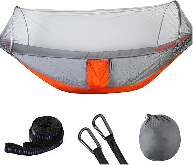 Compatible For Camping Hammock With Mosquito Net Pop-Up Light Portable Outdoor Parachute Hammocks Swing Sleeping Hammock Camping Stuff(Orange)