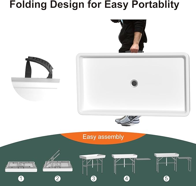 Ice Cooler Table with Foldable Extension Stand, 4 Foot Outdoor Ice Table with Matching Skirt & Drain Hose, Folding Cooler Tables with Metal Shelf for Party, BBQ, Camping Picnic, White