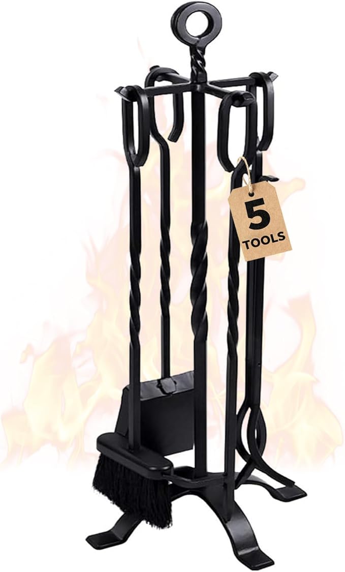 AMAGABELI GARDEN & HOME 5 Pieces Fireplace Tools Set Indoor Wrought Iron Fire Place Pit Large Poker Wood Stove Log Firewood Tongs Holder with Handles Modern Black Outdoor Accessories Kit