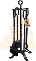 AMAGABELI GARDEN & HOME 5 Pieces Fireplace Tools Set Indoor Wrought Iron Fire Place Pit Large Poker Wood Stove Log Firewood Tongs Holder with Handles Modern Black Outdoor Accessories Kit