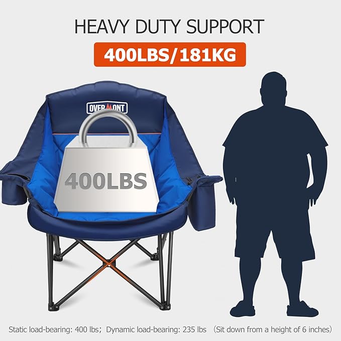 Overmont Oversized XL Camping Chair for Adults - 400lbs Support Heavy-Duty Padded Folding Chair with Side Pocket Cup Holder Cooling Bag for Outdoor Sports Garden Beach Fishing Lawn - Blue