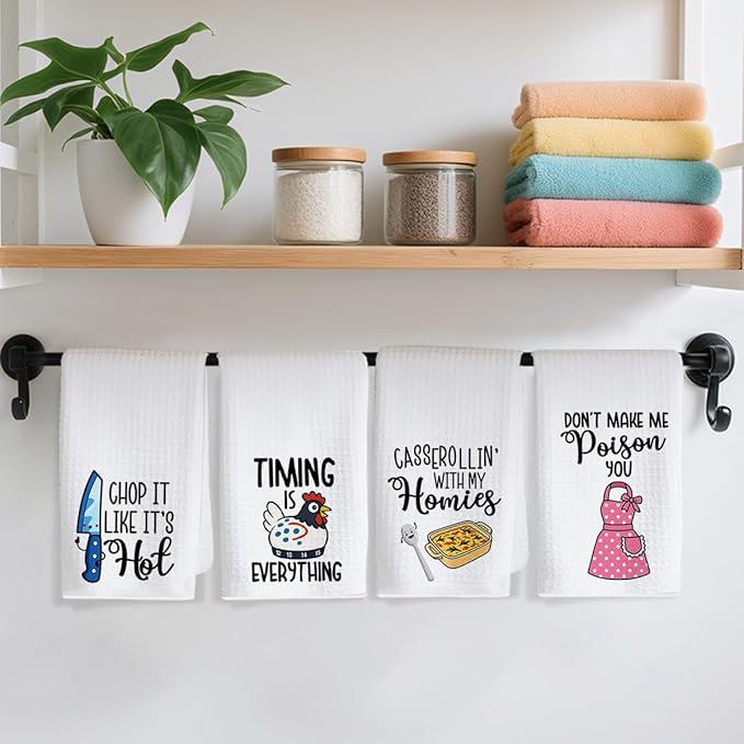 4Pcs Funny Kitchen Towels 24x14 Inch, Cute Kitchen Utensils Waffle Weave Hand Towels for Home Farmhouse, White Absorbent Microfiber Dish Cloth Tea Towel, Housewarming Gifts for Women Mom 2
