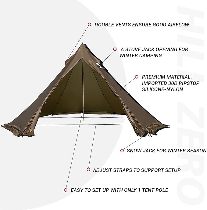 Tipi Tent Camping Hot Tent, Rheum Nobile Lightweight Teepee Waterproof with Stove Jack for 2-4 Person Hiking, Hunting, Backpacking