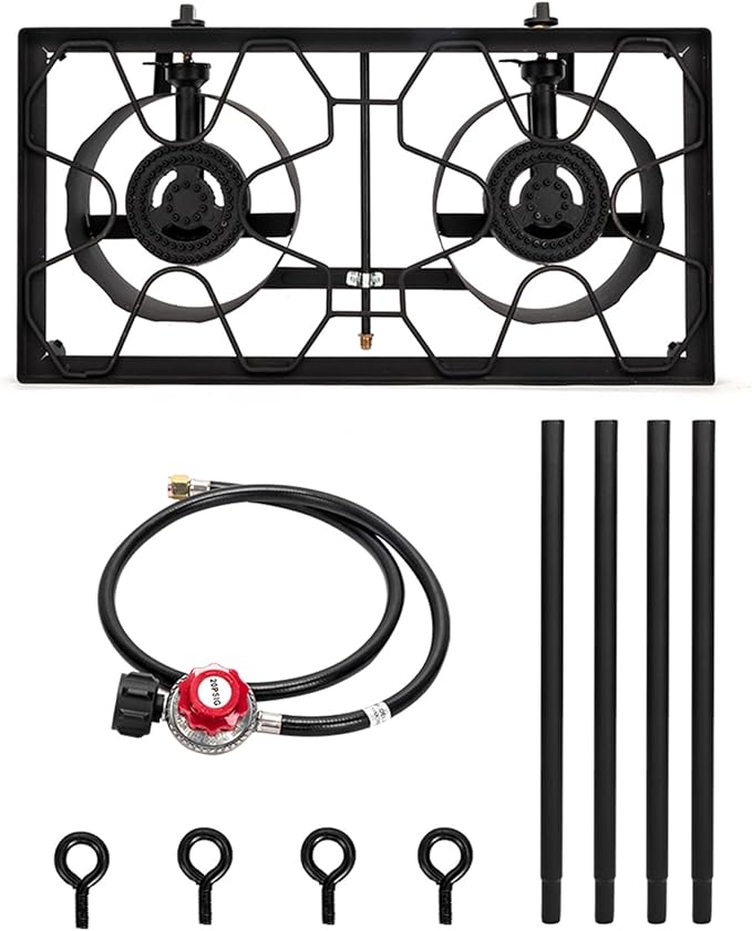 Double Propane Outdoor Burner, 150,000 BTU Camping Cooker,Heavy Duty Iron Cast Patio Burner with Removable Legs, Portable Propane Stove Gas Cooker for Home Brewing, Stir Frying, Camping, Tailgating