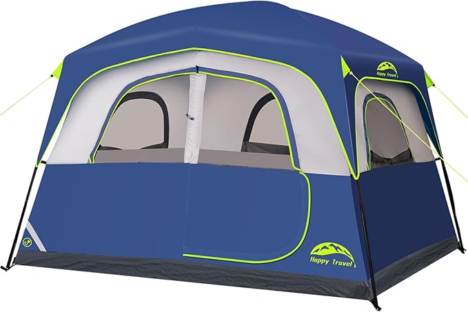 Happy Travel Tent 6 Person Tents for Camping, Waterproof Easy Setup Camping Tent with Rainfly, Portable Large Family Cabin Tent with 5 Large Mesh Windows and Carry Bag for Outdoor Camping & Hiking