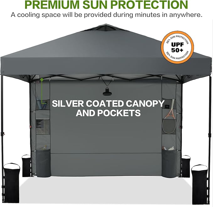 12'x12' Pop Up Canopy Tent with 1 Sidewall and 6 Pockets, One Push Setup, Instant Shade Tent with Vented Roof for Beach Patio Outdoor, Case, 8 Stakes, 4 Ropes, 4 Sandbags (Gray, 12x12)