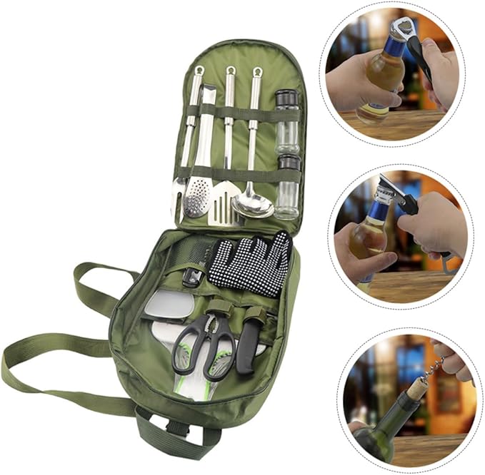 Portable Camping Cutlery Kit with Storage Bag Outdoor Picnic Tableware Set in Olive Green Wear-Resistant Utensils for Hiking Barbecue Garden and Travel Use