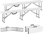 Outsunny 2-Pack 6 Ft. Plastic Folding Benches, Portable Foldable Bench Seats with Carrying Handle, Non-Slip Mat, HDPE Tabletop, Picnic Benches for Camping Dining Picnic BBQ Sports, White