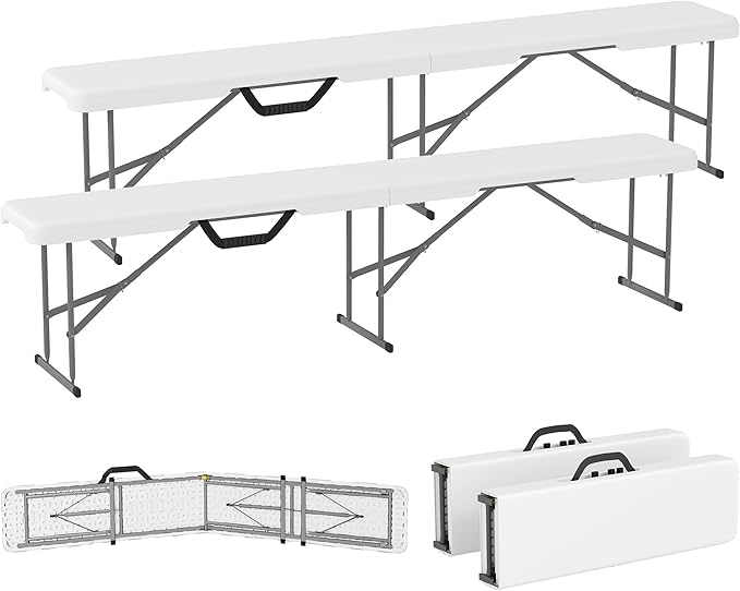 Outsunny 2-Pack 6 Ft. Plastic Folding Benches, Portable Foldable Bench Seats with Carrying Handle, Non-Slip Mat, HDPE Tabletop, Picnic Benches for Camping Dining Picnic BBQ Sports, White