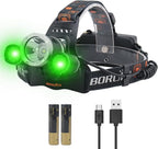 BORUIT RJ-3000 Headlamp with Green Light, Super Bright LED Head Lamp 3 Modes, USB C Rechargeable, Waterproof Head Light for Hunting, Construction, Hard Hat, Fishing, Camping