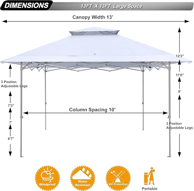 ABCCANOPY 13x13 Pop Up Canopy with Double Ventilated Top, 4 Sandbags, 4 Ropes and 8 Stakes (White)