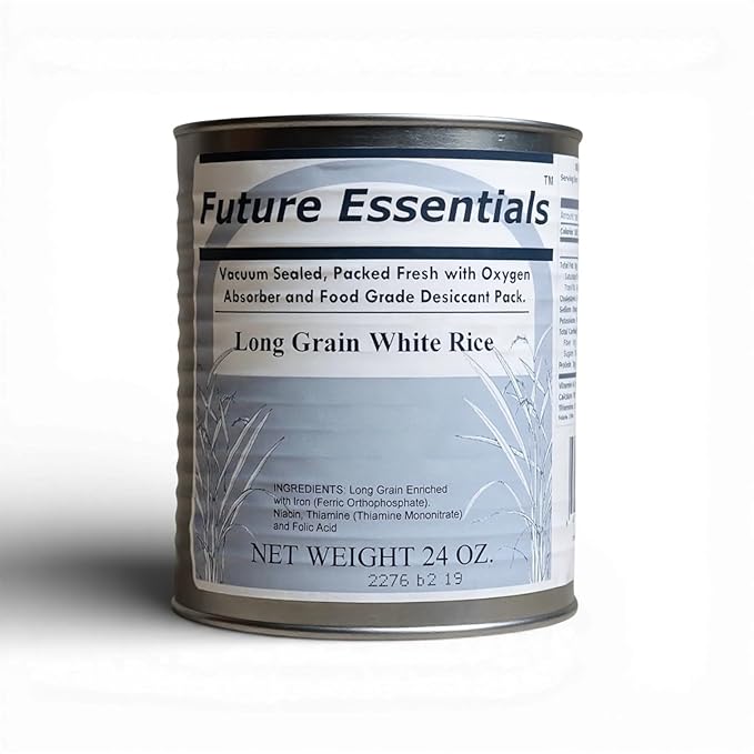 Future Essentials Long Grain White Rice – USA Grown, Uncooked White Rice with 25-Year Shelf Life – Shelf-Stable, Vacuum-Sealed Emergency Food – 24 oz #2.5 Can (Single)