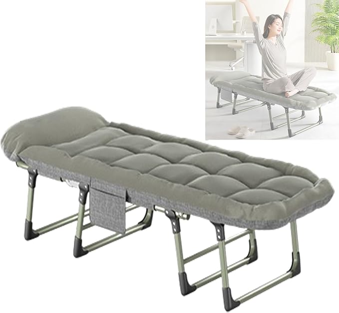 Folding Bed with Thick Cotton Mattress, 6-Position Adjustable with Side Pocket Single Person Portable Cot Chair for Bedroom Living Room Office, Outdoor Foldable Camping Cot(190 * 65 * 33cm)