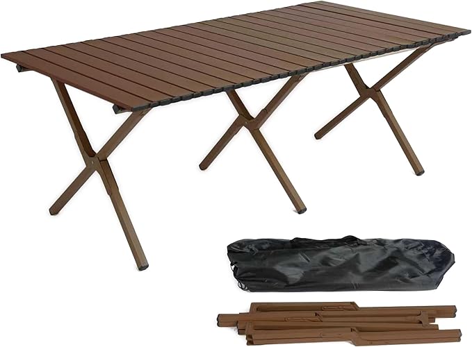 48Inch Folding Camping Table, Lightweight Roll-Up Table Aluminum Low Portable Picnic Table with Carrying Bag for Outdoor, Beach, Picnic, Backyards, BBQ and Party (Walnut, 120CM)