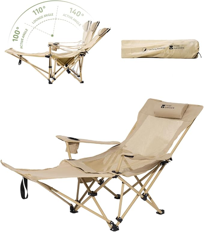MOBI GARDEN Reclining Camping Chair with Foot Rest, 4-Position Adjustable Folding Lounge Chair for Adults, Portable & Detachable Footrest – Sand - Mesh Back