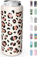 TILUCK Skinny Can Cooler for Slim Beer & Hard Seltzer, Stainless Steel, Doucle-Walled Stainless Steel Insulated Slim Cans, Standard 12 oz (Leopard Print)