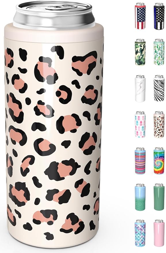 TILUCK Skinny Can Cooler for Slim Beer & Hard Seltzer, Stainless Steel, Doucle-Walled Stainless Steel Insulated Slim Cans, Standard 12 oz (Leopard Print)