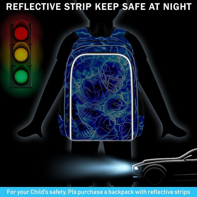 3Pcs Football Backpack for Boy, 17" Lightning Bookbag for Elementary Preschool Kindergarten, Kids School Backpacks with Lunch Box (Blue)