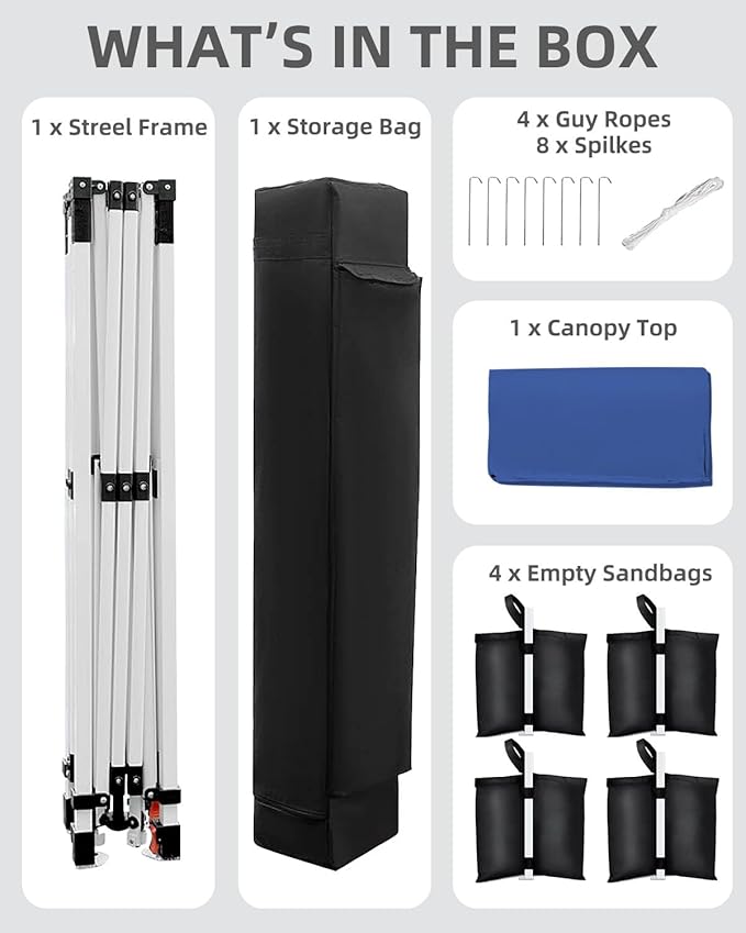 10x10 Pop Up Canopy Tent, Instant Outdoor Canopy with 3 Adjustable Heights, Includes 4 Sandbags & Carry Bag, UV Protection & Waterproof for Parties, Camping, Beach