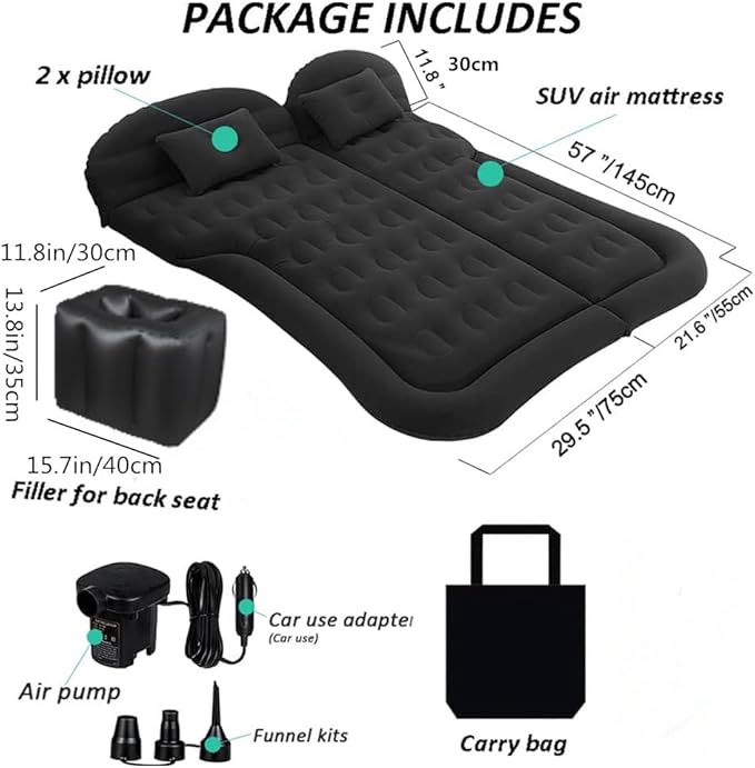 Vikuces® SUV Air Mattress Car Camping Travel Bed, Car Air Mattress Back Seat Bed,Thickened Inflatable Mattress with Two Air Pillow, Full Size Blow Up Sleeping Pad(Black)
