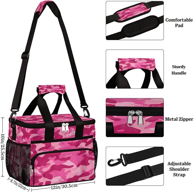 Leakproof Reusable Insulated Cooler Lunch Bag Pink Camouflage Camo Picnic Lunch Box for Women Men Cooler Tote Office Work Camping Beach 24 Can 15L
