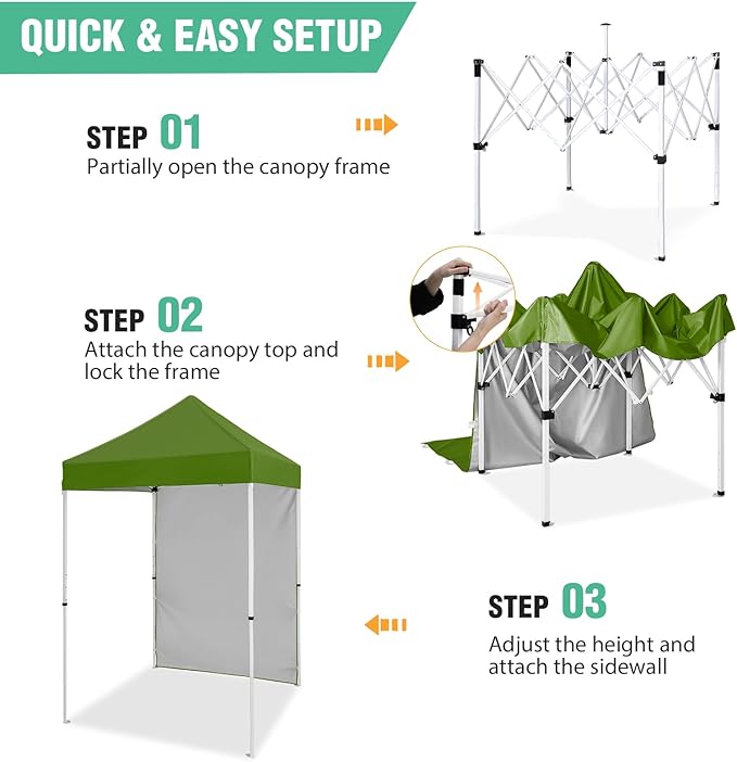 5x5 Pop Up Canopy Tent with One Sidewall, Instant Portable Beach Canopy, Outdoor Tent with Carry Bag for Camping, Sports, Tailgating, Events, Grass Green