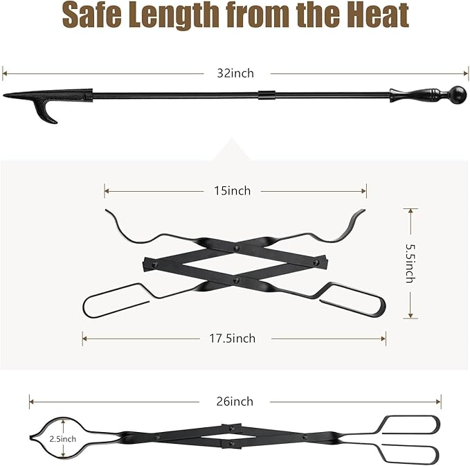 Heavy Duty 32” Long Fireplace Fire Pit Campfire Poker Stick and 26” Fireplace Tongs Tool Set Log Grabber Rust Resistant fire poker Camping Fireplace Tools for Indoor Outdoor Solo Stove Accessories