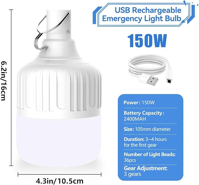 Emergency LED Light Bulb, 150W USB Rechargeable LED Emergency Light Bulb with 5 Lighting Modes, Portable Emergency Rechargeable Light Bulbs with Hook for Outdoor Picnic Camping Tent