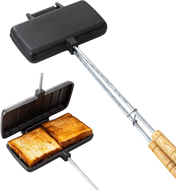 Double Cast Iron Pie Pan & Pie Iron Cooker, Pre-Seasoned Heavy-Duty Pie Irons for Camping, Cast Iron Camping Cookware and Campfire Cooking Equipment with Detachable Handles for Indoor/Outdoor Use