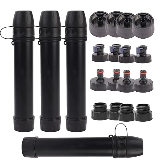 4 Pack Survival Water Filter Straw for Hiking & Camping, 2025 Personal Portable Water Purifier, 3000L Long Life, Includes Bottle & Hydration Bladder Adapters (4, Black, 3x3x19.3cm)