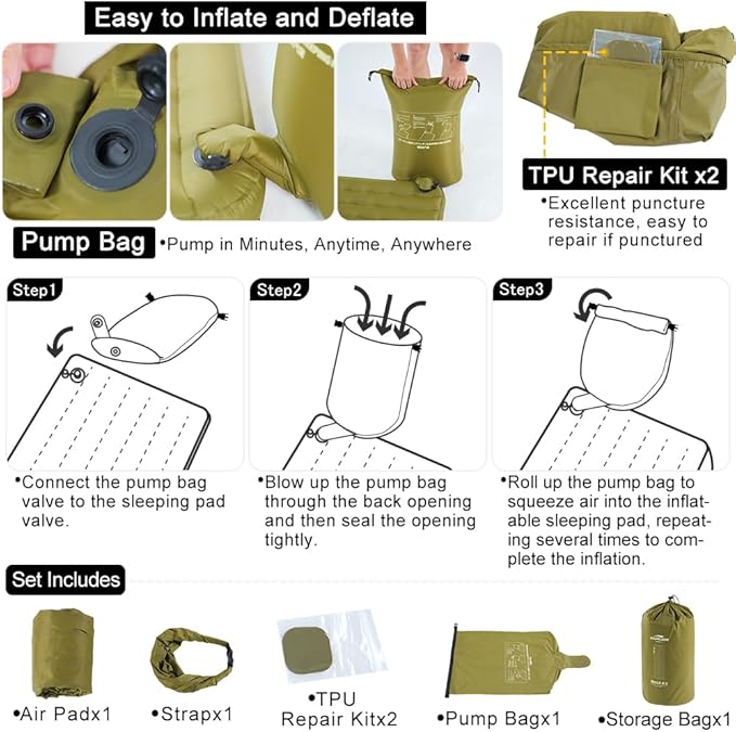 Camping Air Sleeping Pad Ridge 8.0 R-Value 8 Insulation Extreme Cold Weather Pump Bag Compact Lightweight Portable Hiking Disaster Preparedness Earthquakes Outdoor Inflatable Pad
