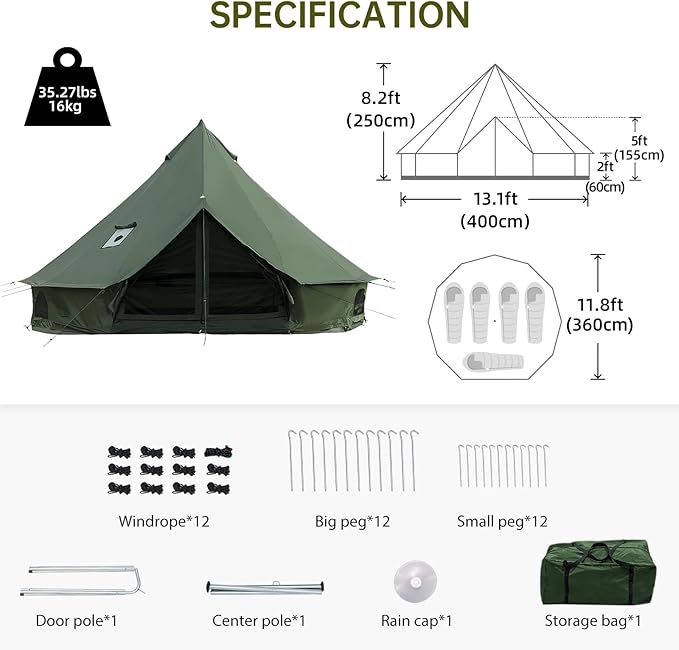 Oxford Bell Tent for Family Camping - Spacious 13.1ft /16.4ft Yurt with Stove Jack, Large Glamping Tents for 4-8 People, 4 Season Oxford Hot Tent Shelter