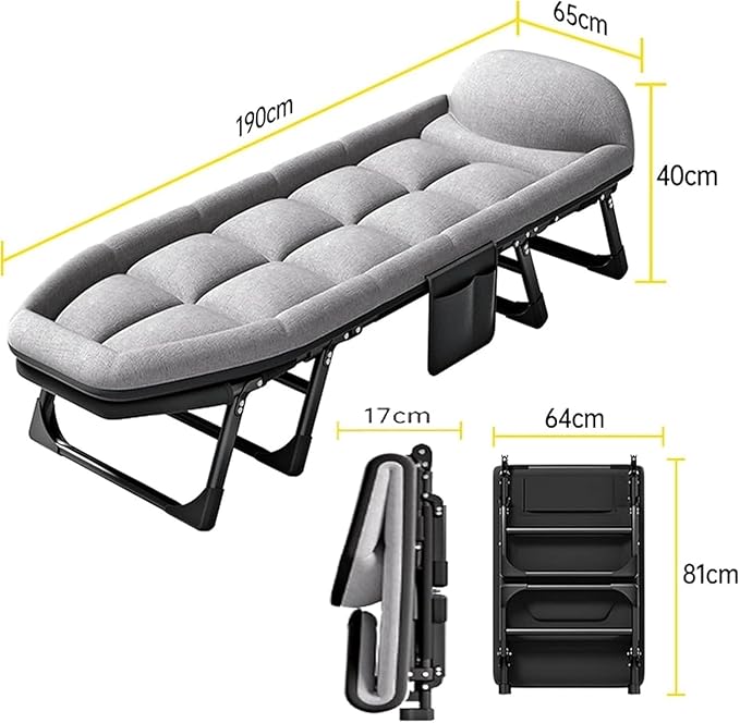 Cotton Linen Camping Cot, Space Saving Folding Bed for Adults, 6-Position Folding Chaise Lounge Chair for Indoor Outdoor